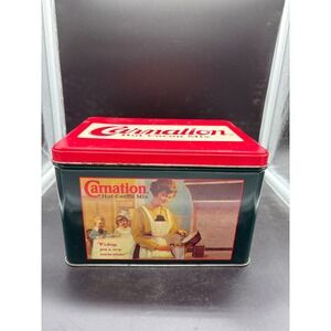 Vintage Carnation Hot Cocoa Mix Tin Collectible Advertising Winter Decor Green
